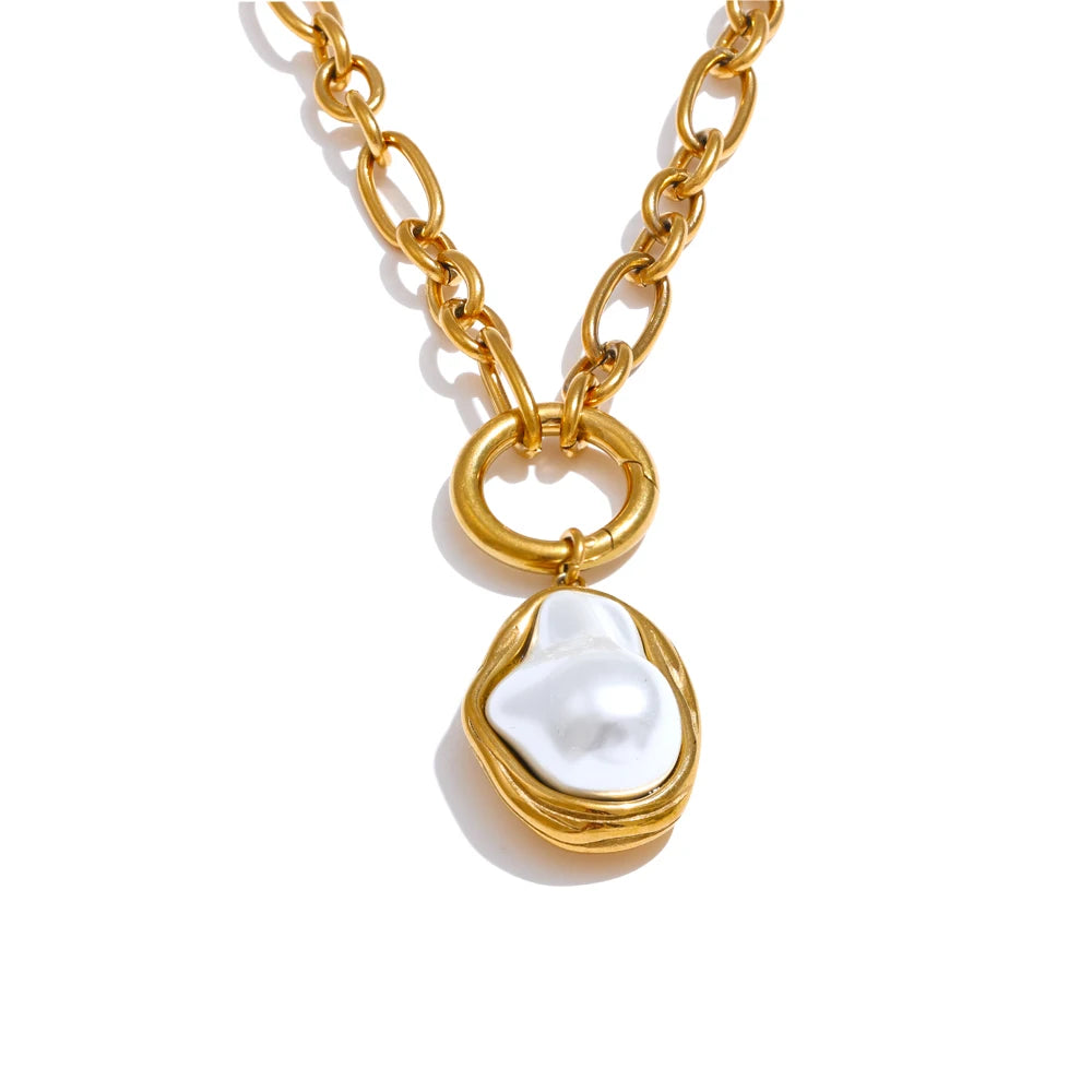 Baroque Simulated Pearls Golden Pendant Necklace 18K PVD Plated