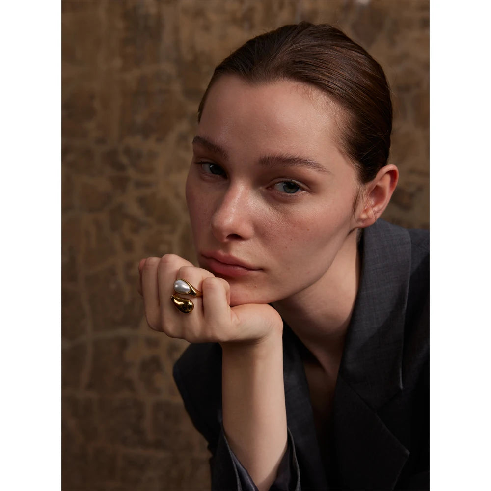 Pearl Water Drop Finger Ring Gold Platinum Plated