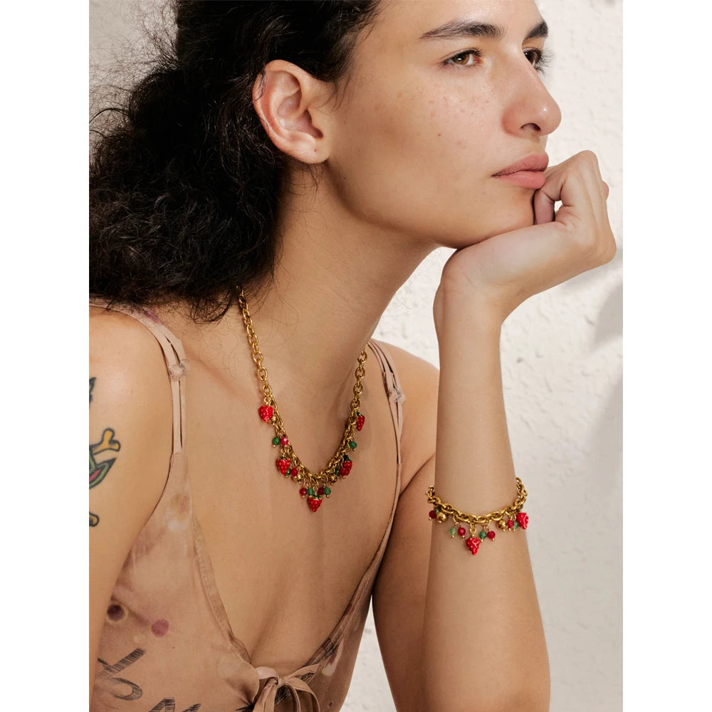 Red Enamel Stone Strawberry Drop Charms Necklace