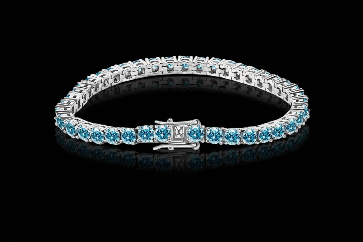 Silver bracelet with blue gemstones on a black background