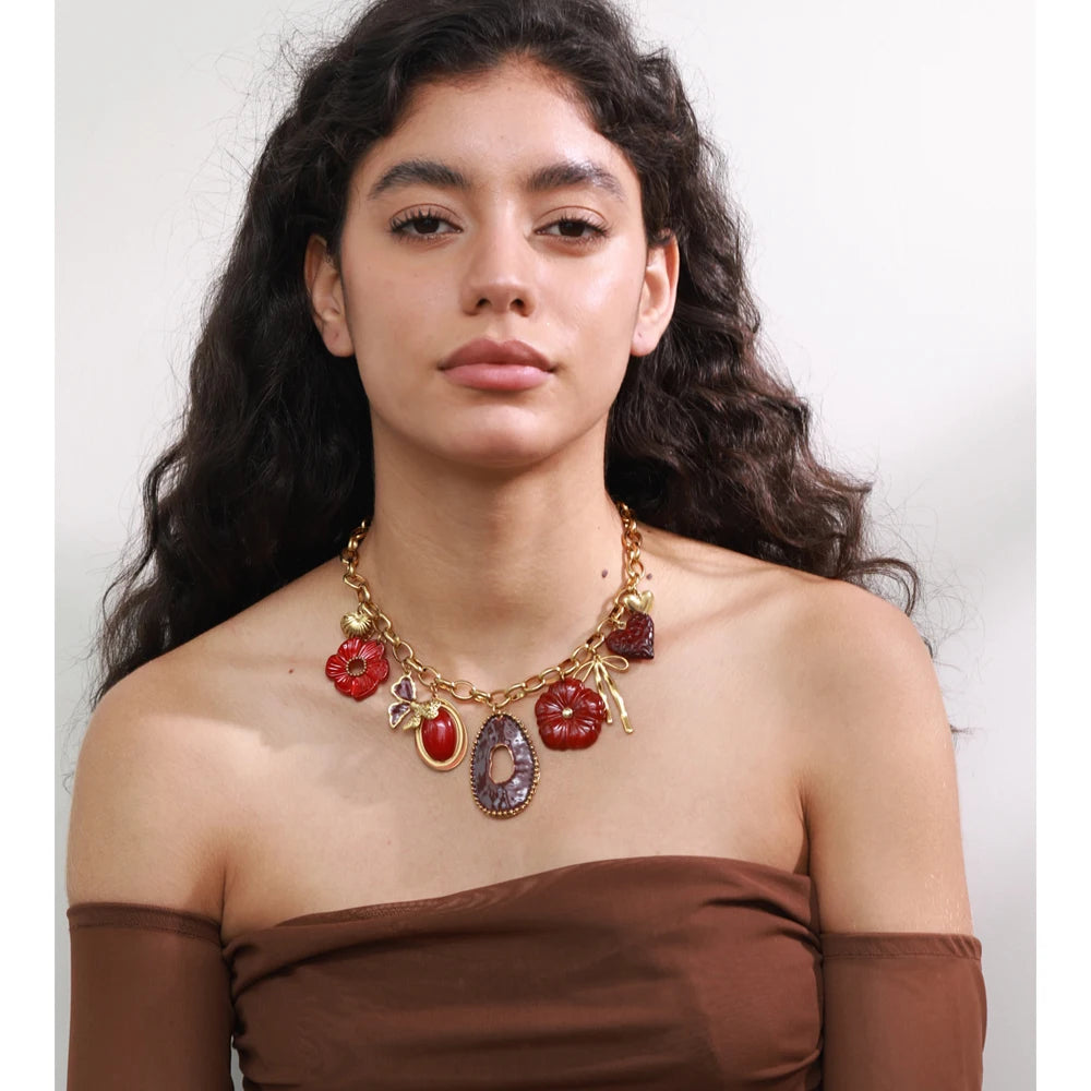 Red Resin Flower Charm Pendant Necklace 18K Golden PVD Plated