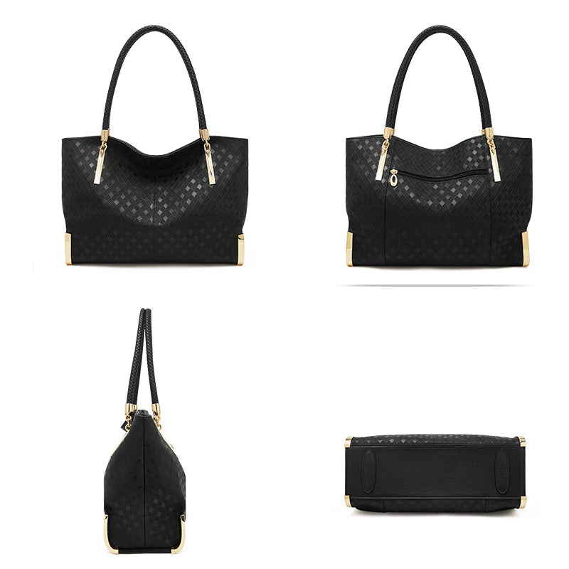 Black handbag with gold accents shown from multiple angles on a white background