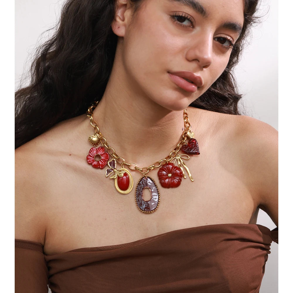 Red Resin Flower Charm Pendant Necklace 18K Golden PVD Plated