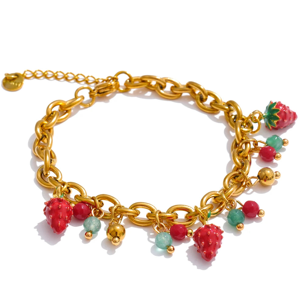 Red Enamel Stone Strawberry Drop Charms Necklace