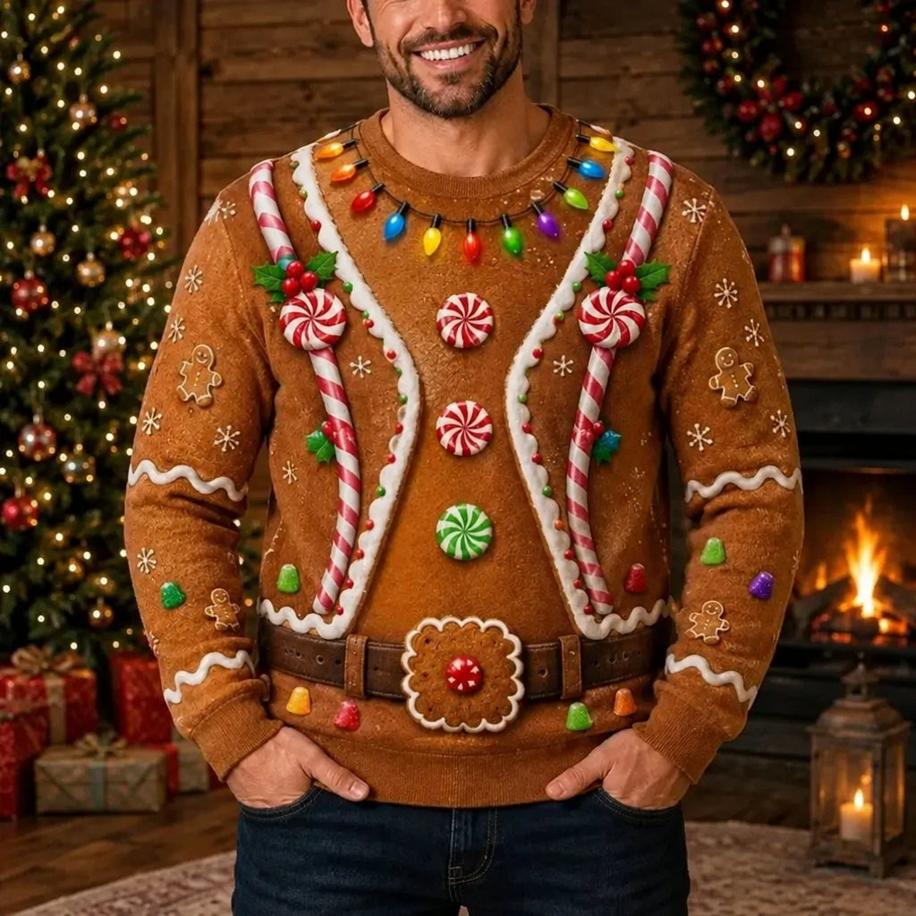 A man wearing a festive gingerbread-themed Christmas sweater in a cozy holiday room setting with a fireplace and decorated tree in the background. The sweater is brown with white icing-style borders and colorful candy decorations including peppermint candies, gingerbread men, and lights.