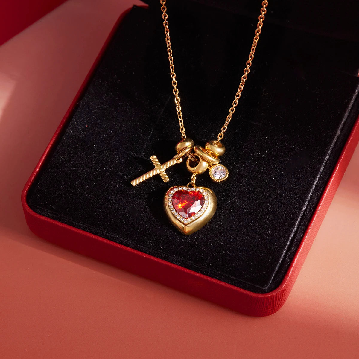 18K Red Zircon Heart Pendant Necklace
