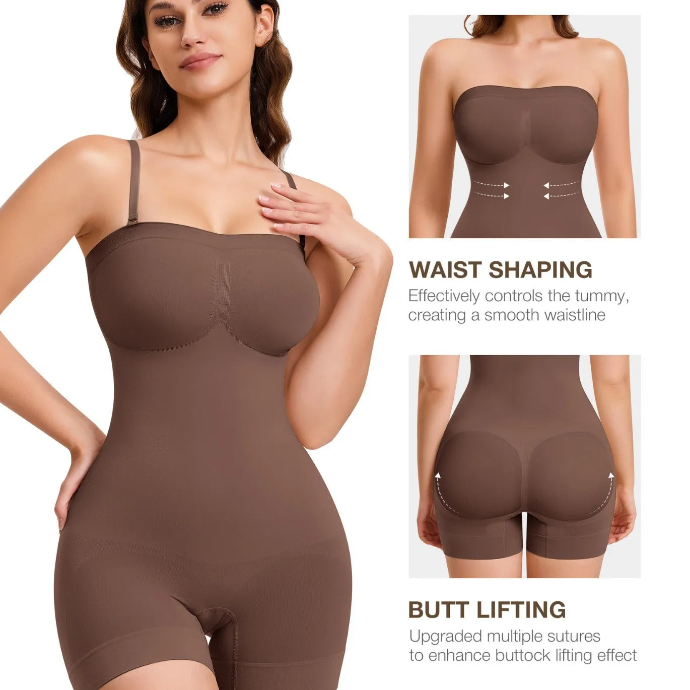 Brown waist shaping and butt lifting garment with model and feature text on a white background