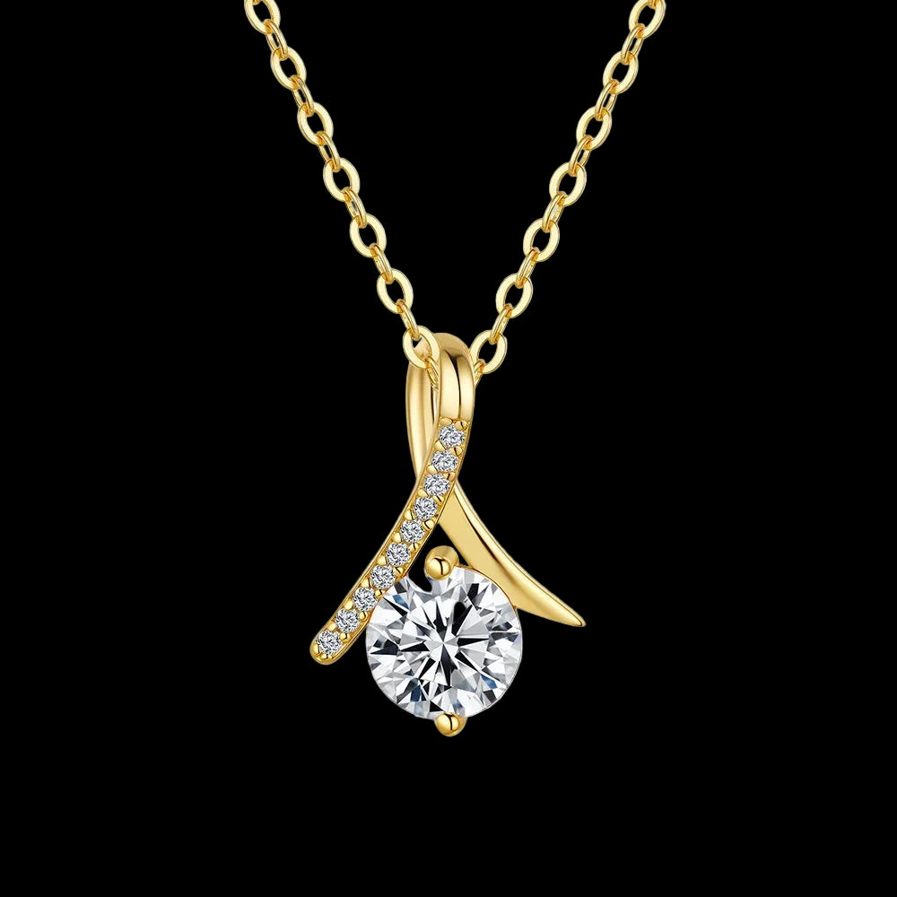 Gold necklace with a diamond pendant on a white background