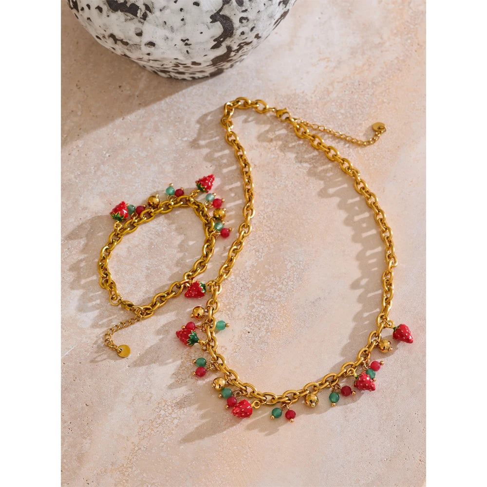 Red Enamel Stone Strawberry Drop Charms Necklace