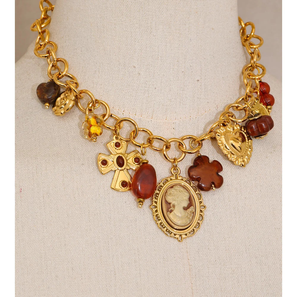 Flower Heart Portrait Drop Statement Necklace