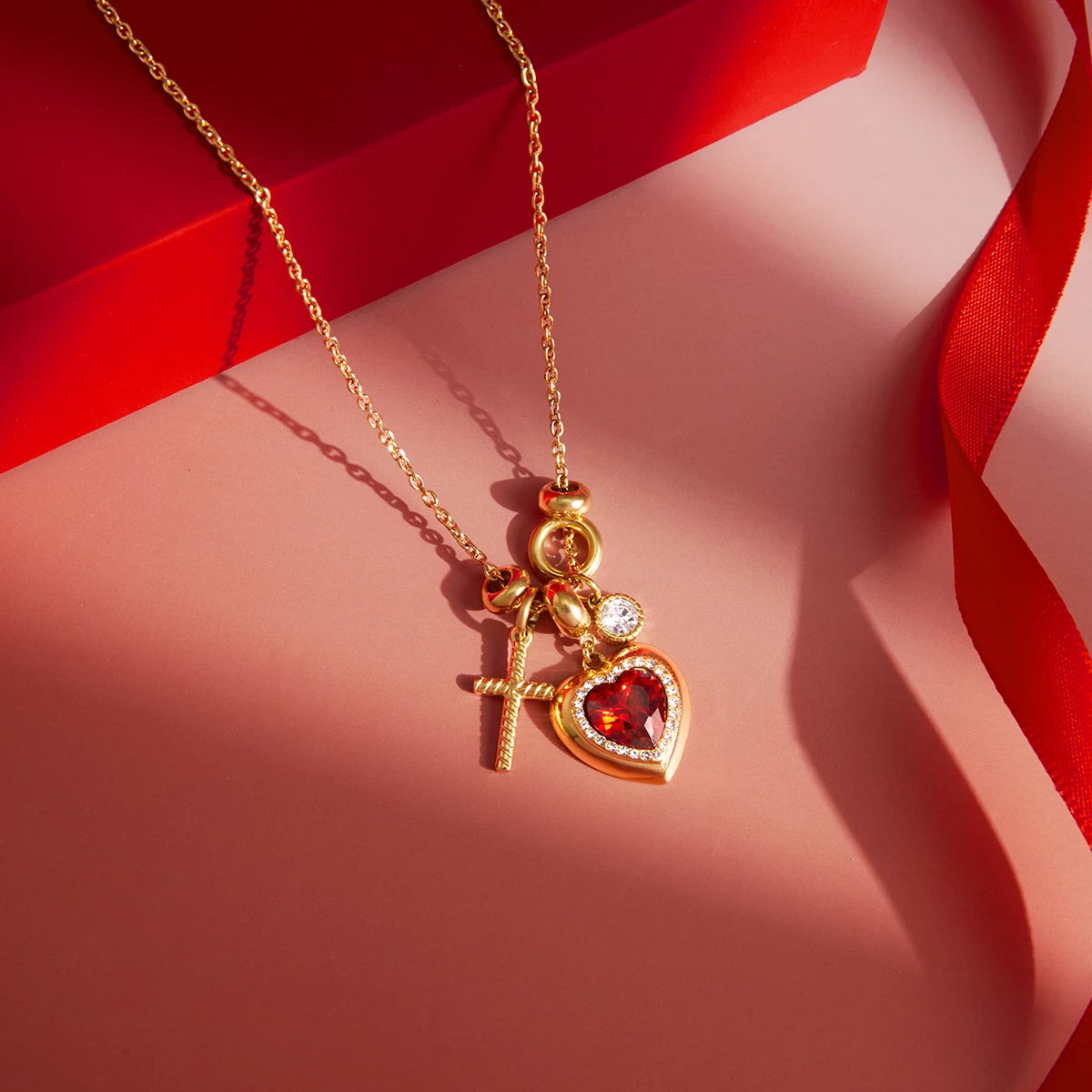 18K Red Zircon Heart Pendant Necklace